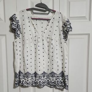 Old Navy White Blouse with Navy Embroidery